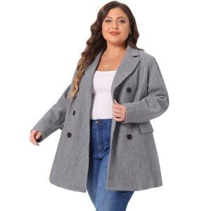 Plus Size Notched Lapel Double Breasted Long Coat Grey